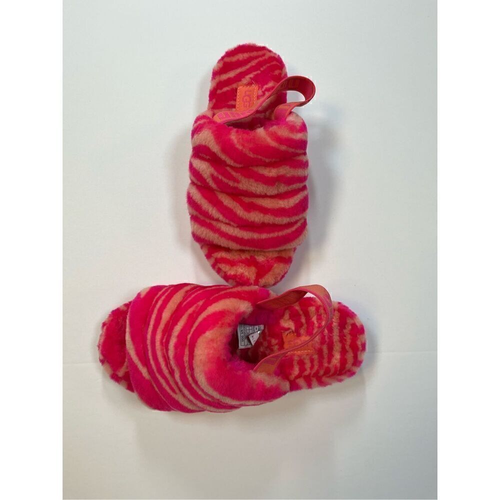 UGG Fluff Yeah Slide Zebra Rock Rose Pink Slingback Slipper Sandal Size US 6 EUC